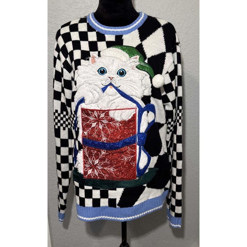 Blizzard Bay Cat Sweater Ladies Check Holiday‎ Embroidered Fleece Cat Lover Sz M